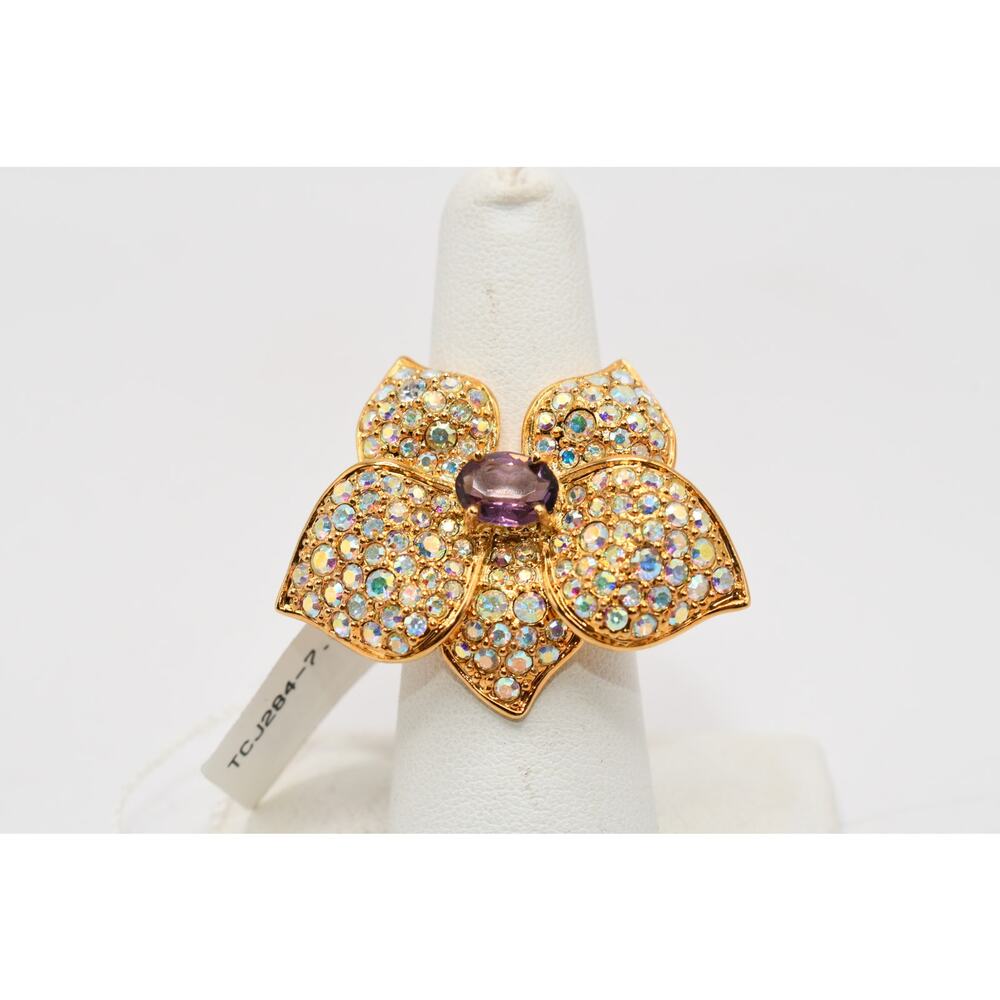 Thailand AB Rhinestone Flower Ring Purple Glass Center Sz 7.5